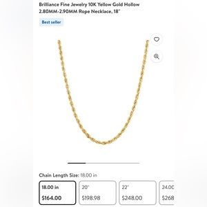 Brilliance Fine Jewelry 10K Yellow Gold Hollow 2.80MM-2.90MM Rope Necklace, 18"